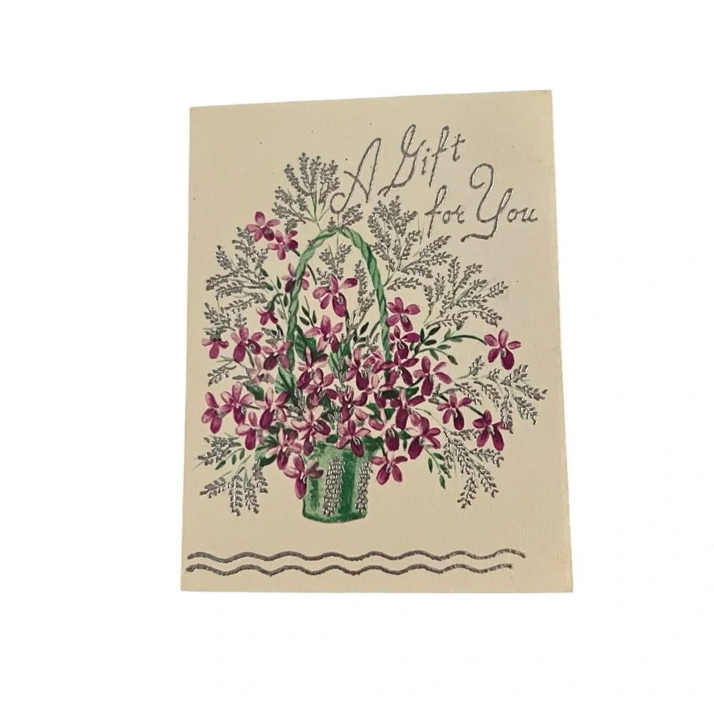 Vintage Unused Greeting Card A Gift For You Green Purple Flowering Plant
